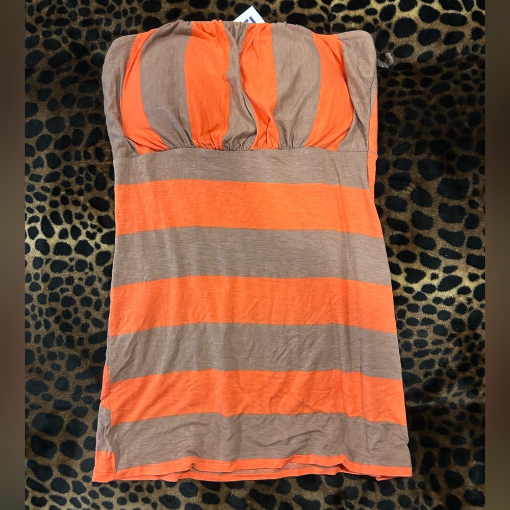 Orange and Taupe Striped Strapless Tube Top